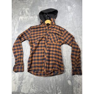 Public Record Flannel Shirt Boys Small Brown Blue Buffalo Plaid Hooded Button Up
